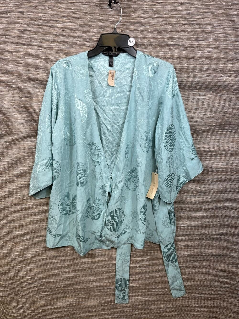 Soma Robe Womens Size 1X Aqua Medallion Chiyoko Silk Kimono Belted 3/4 Sleeve